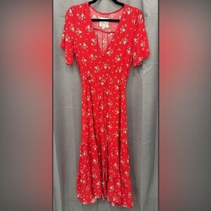 Sunday Mi Amor Red Floral V Neck flutter sleeve dress Cottage core Boho XS